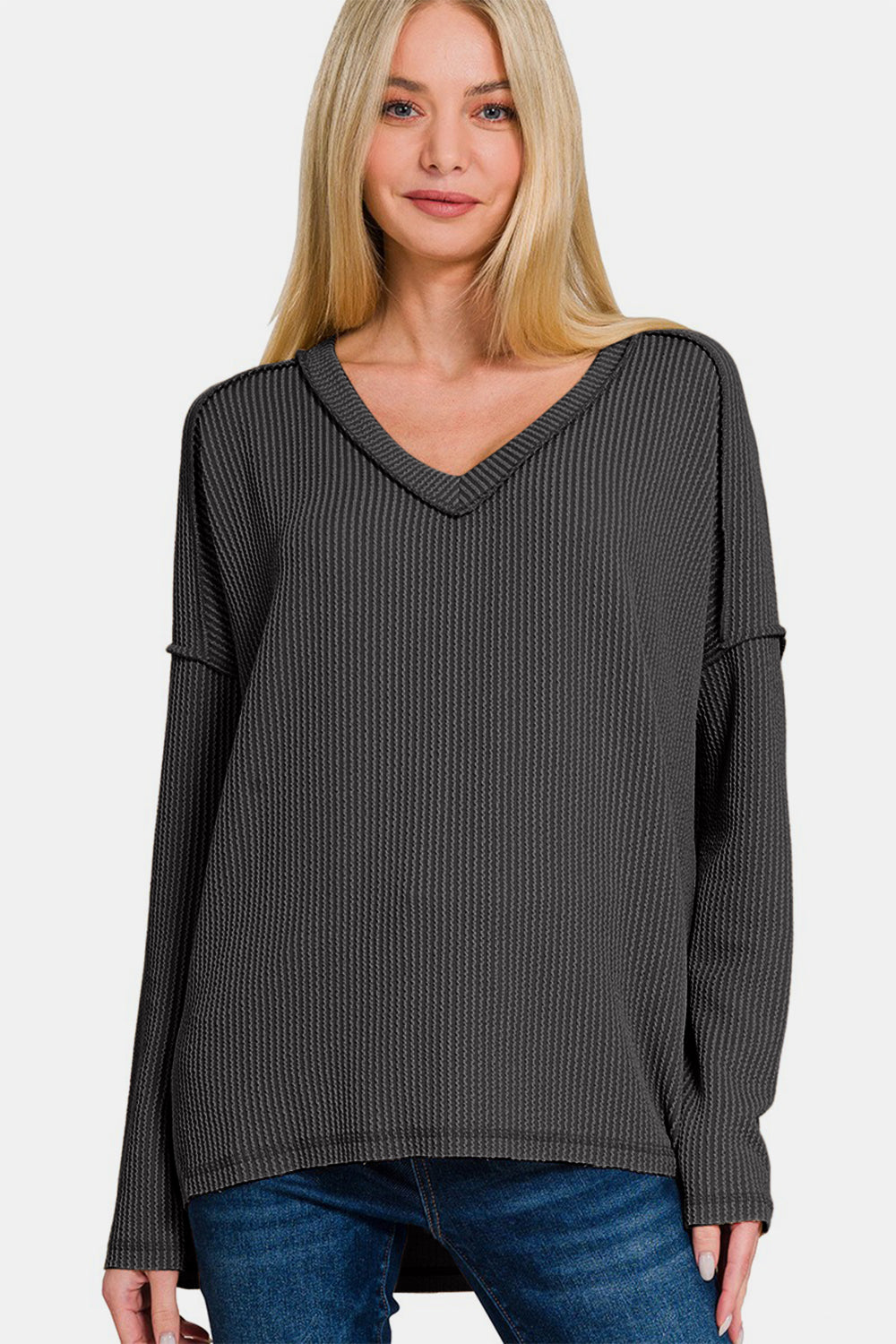 Next-Level Style - Textured Exposed Seam Top - Heather Black