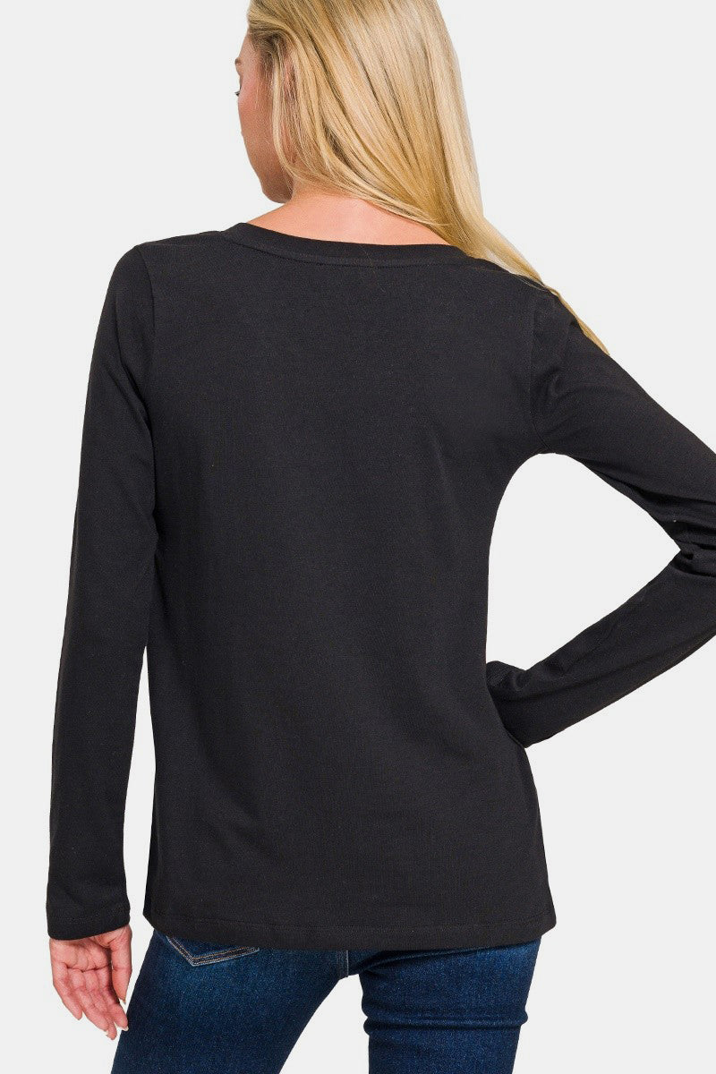 Comfy Basics - Cotton V-Neck Top - Black