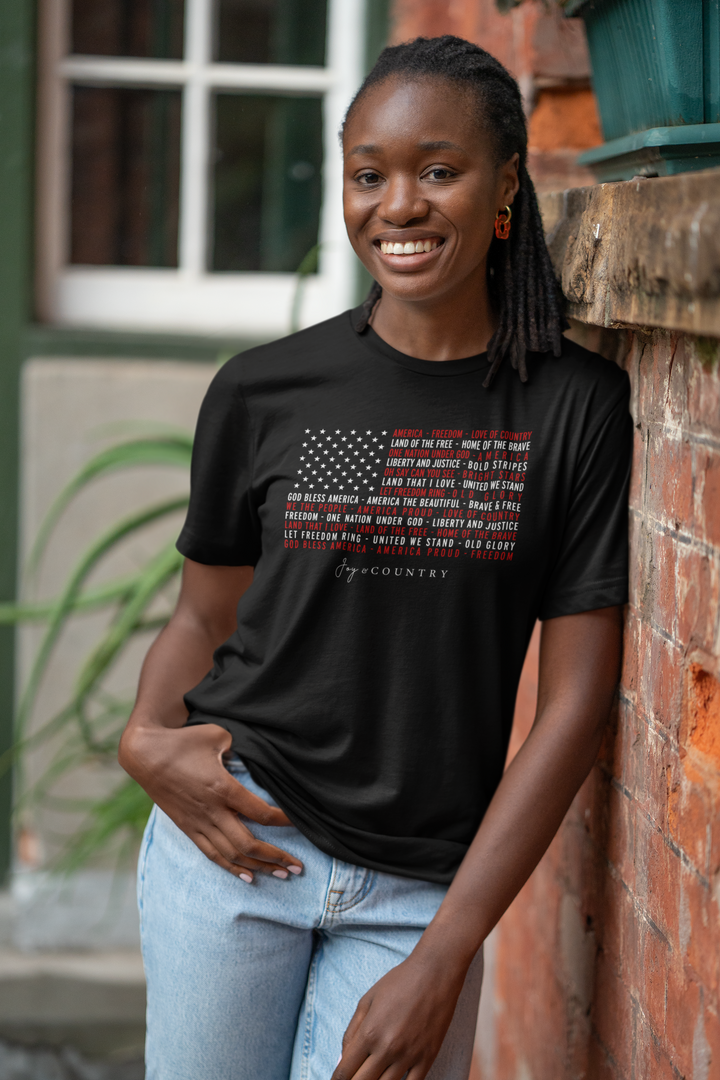 We Love America - Flag With Phrases - Unisex Crew-Neck Tee