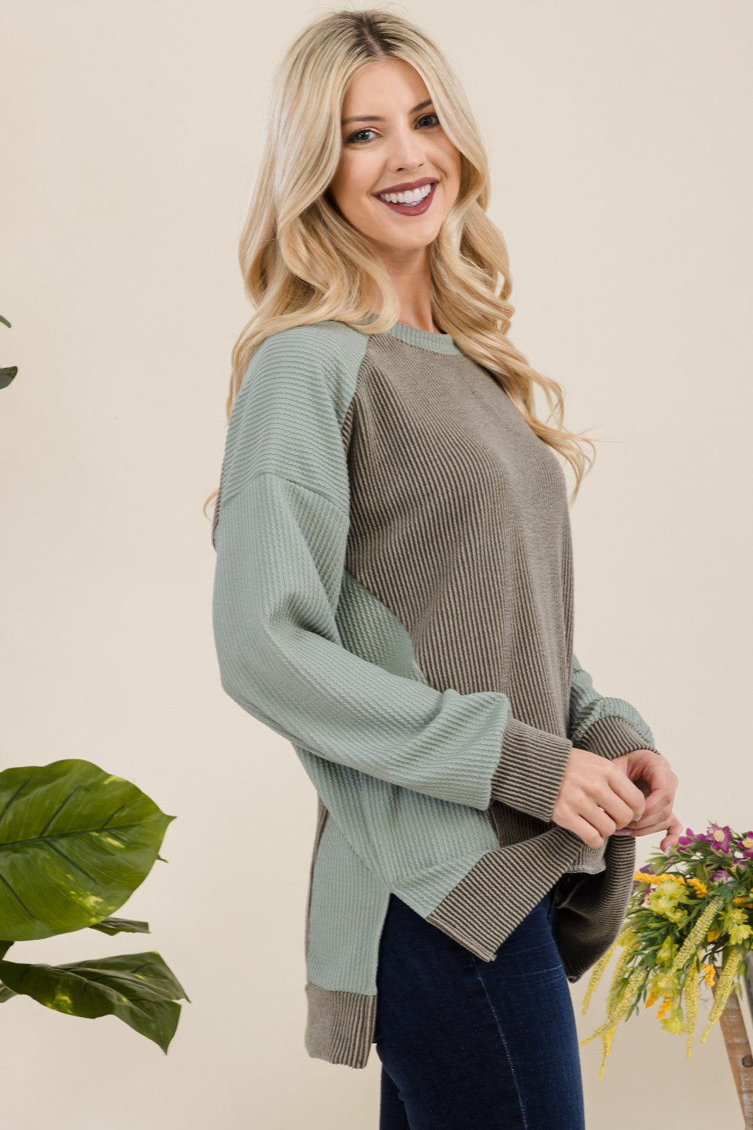 Letting It Go - High-Low Sweatshirt Top - Sage