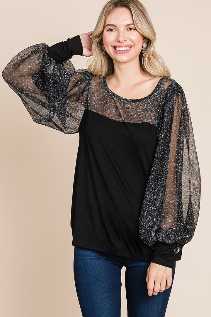 All For Glam - Metallic Mesh Lantern-Sleeve Top