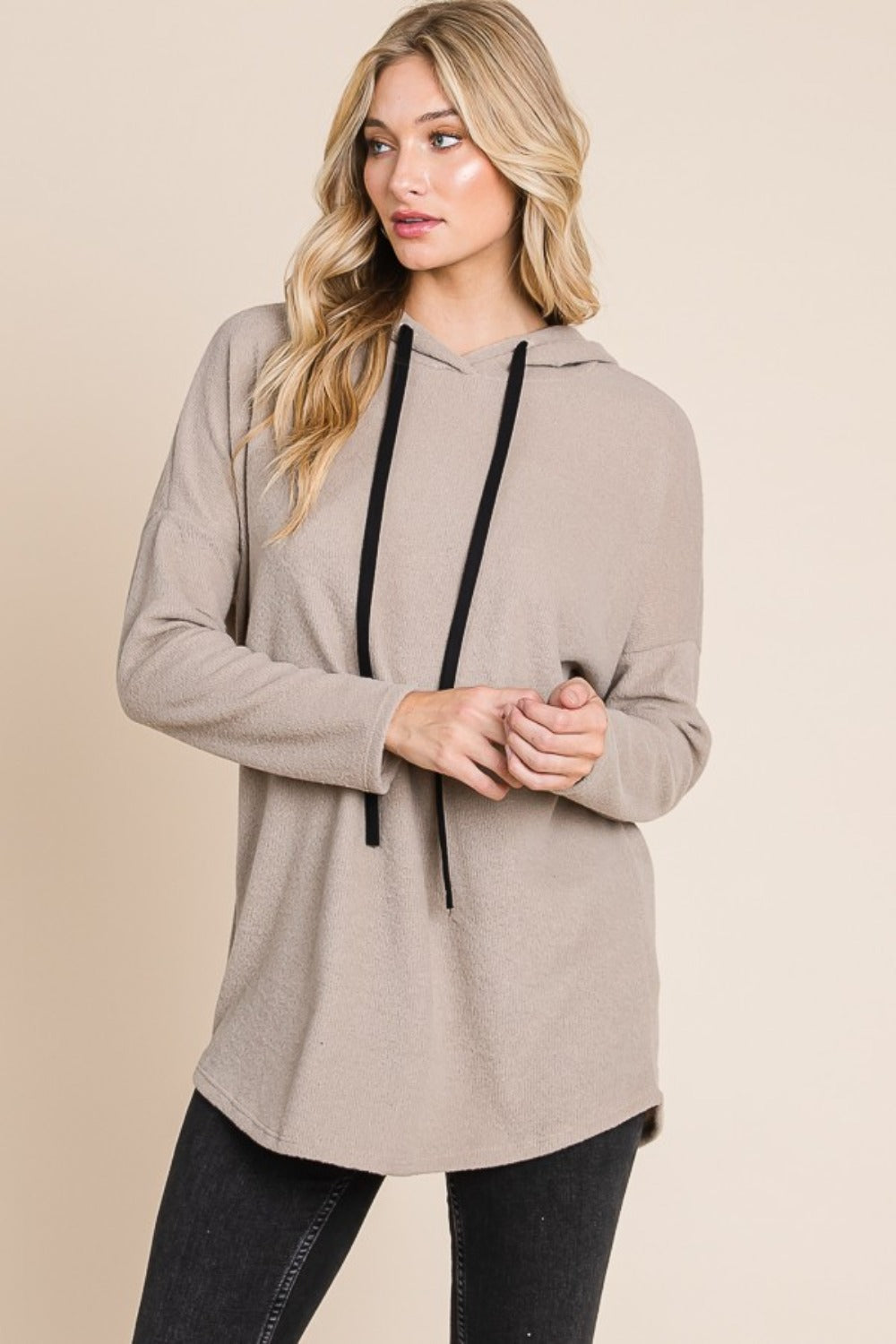 Drop-Shoulder Knit Hoodie - Taupe