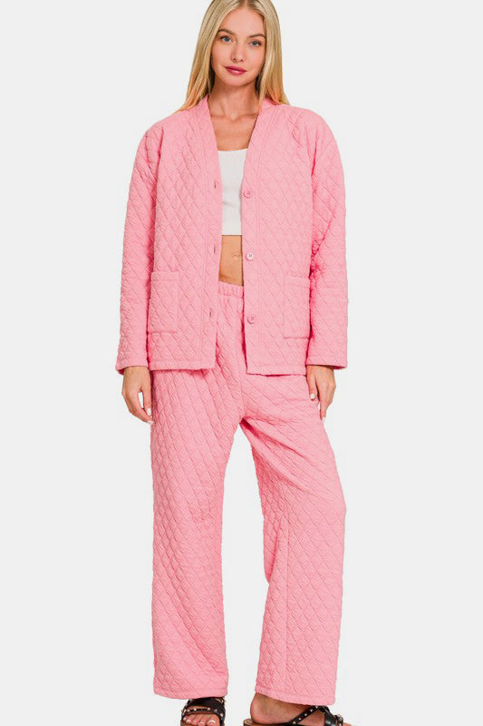 Snug & Stylish Quilted Loungewear Set - Dark Pink