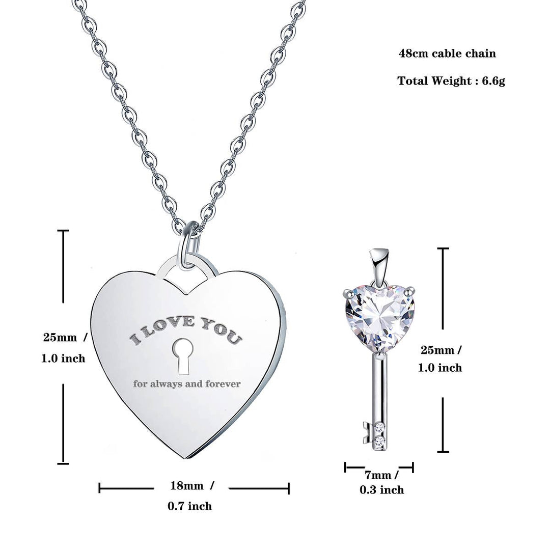 I Love You Heart Lock Engraved Pendant With Key Charm Necklace (2-Sided)