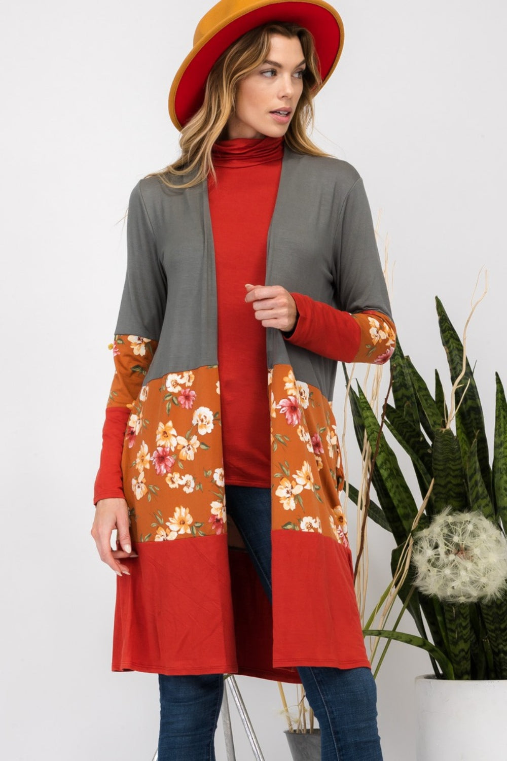 Flowy Floral Color Block Cardigan - Olive/Rust