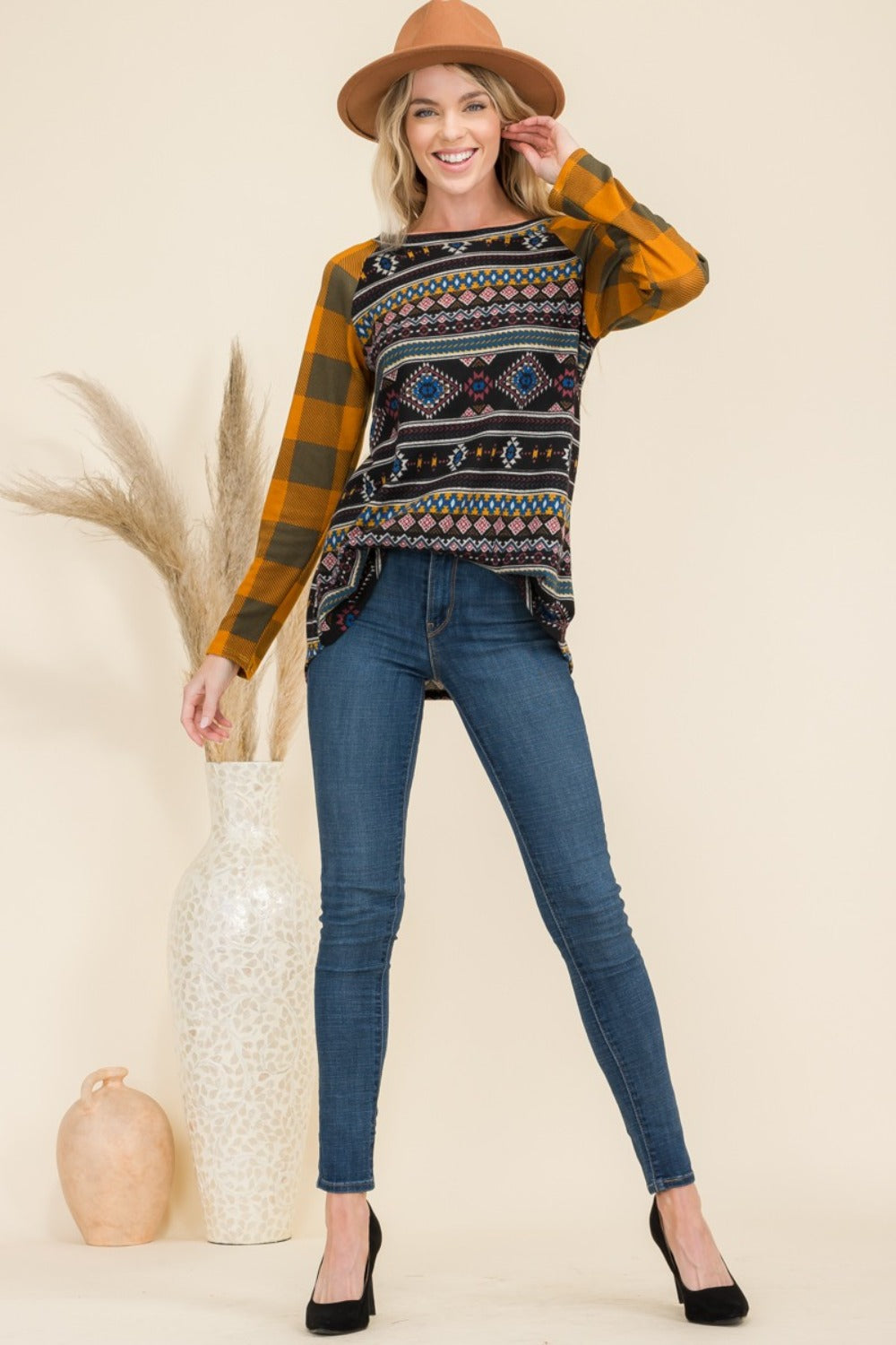 Aztec-Print Plaid Raglan Top