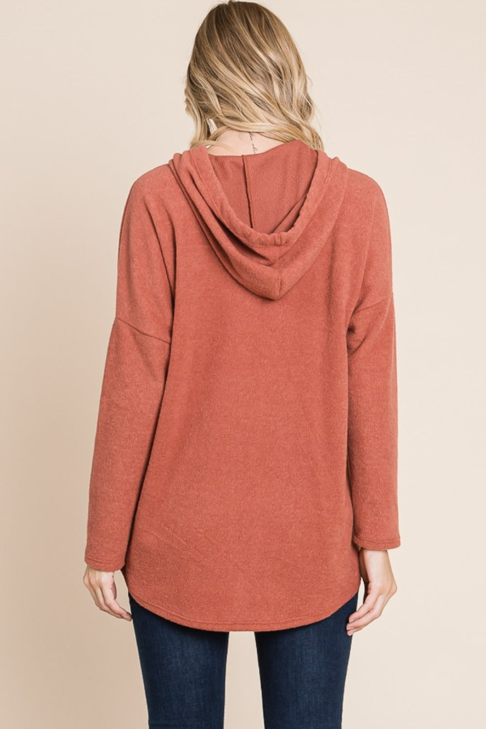 Drop-Shoulder Knit Hoodie - Brick