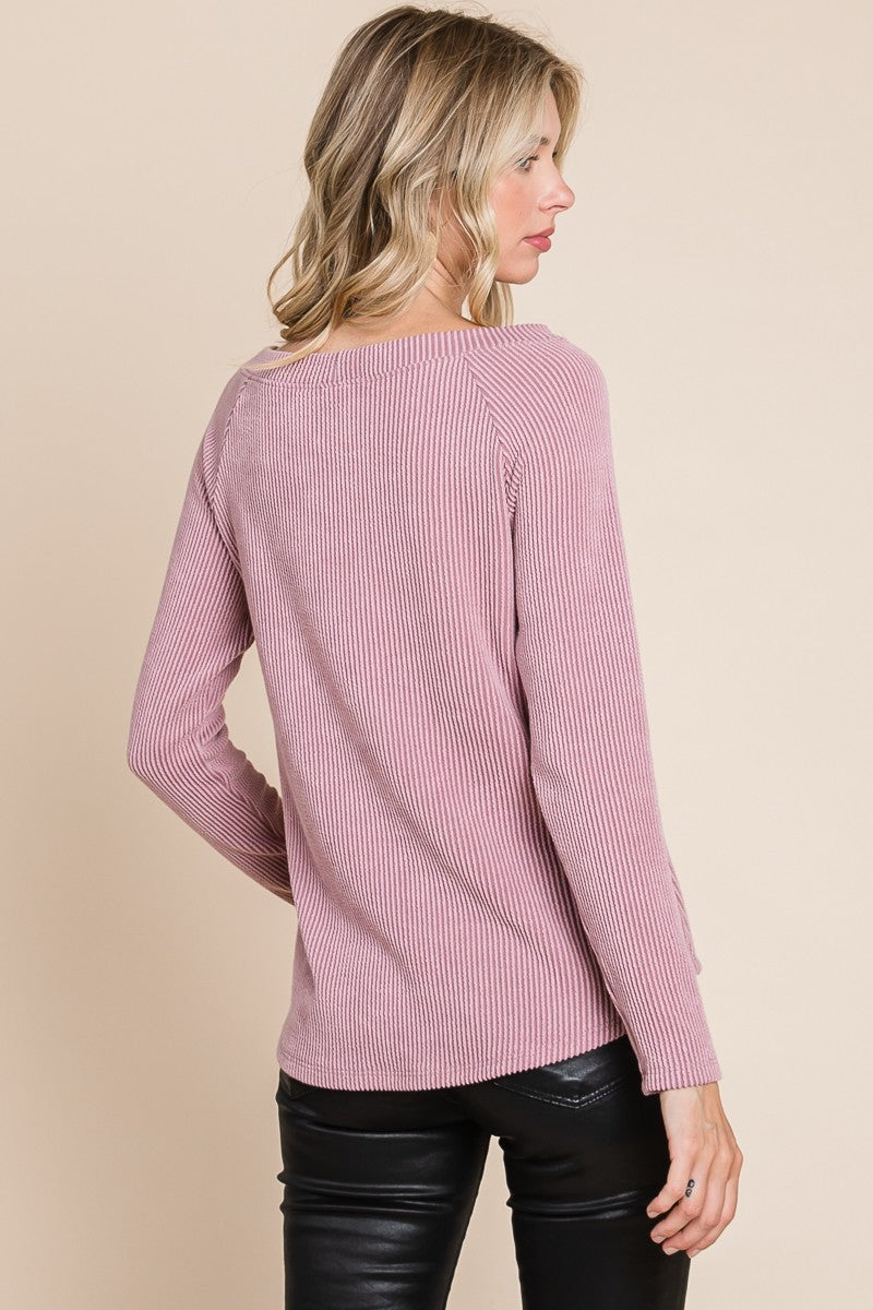 All Aboard - Ribbed Boat-Neck Top - Mauve