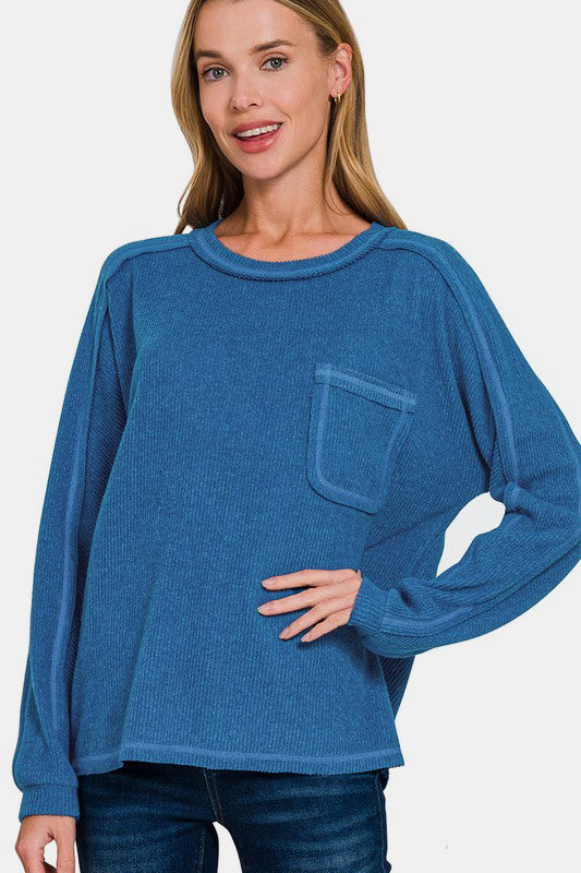 Call Me Cozy Ribbed Hacci Top - Royal Blue