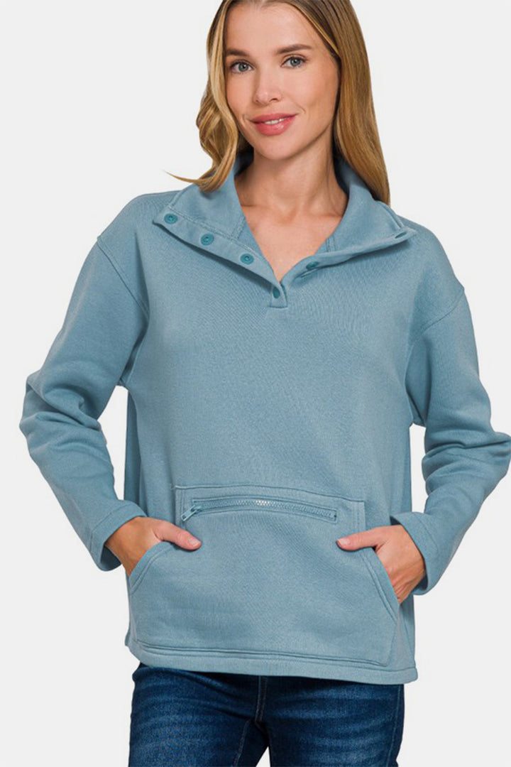 Plush Comfort Turtleneck Fleece Sweatshirt - Dusty Blue