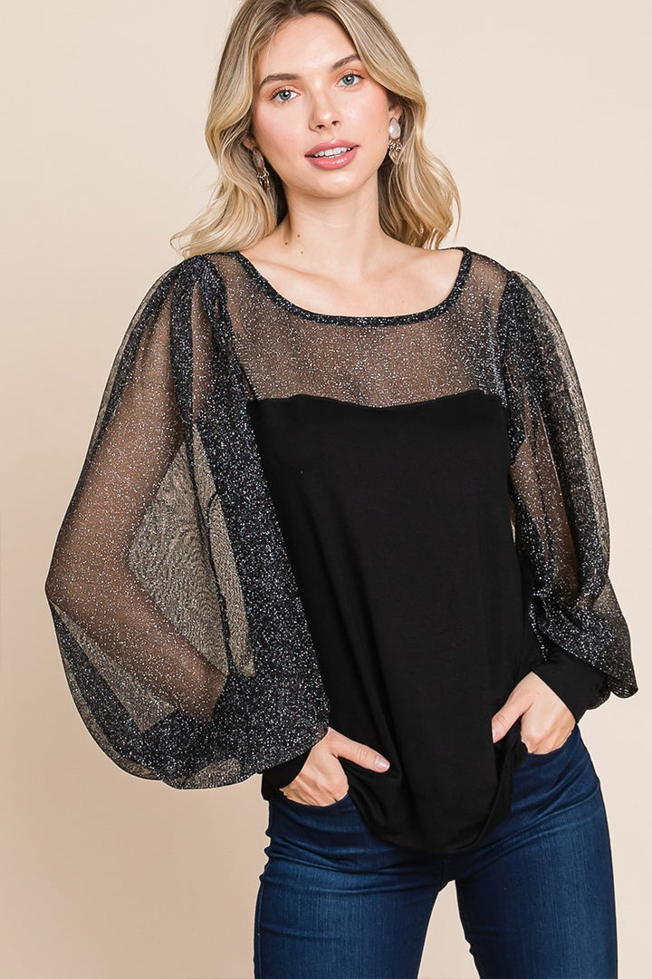 All For Glam - Metallic Mesh Lantern-Sleeve Top