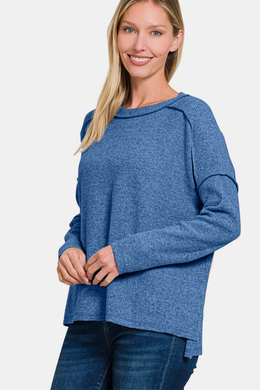 Cozy Style - Brushed Knit Sweater Top - Blue