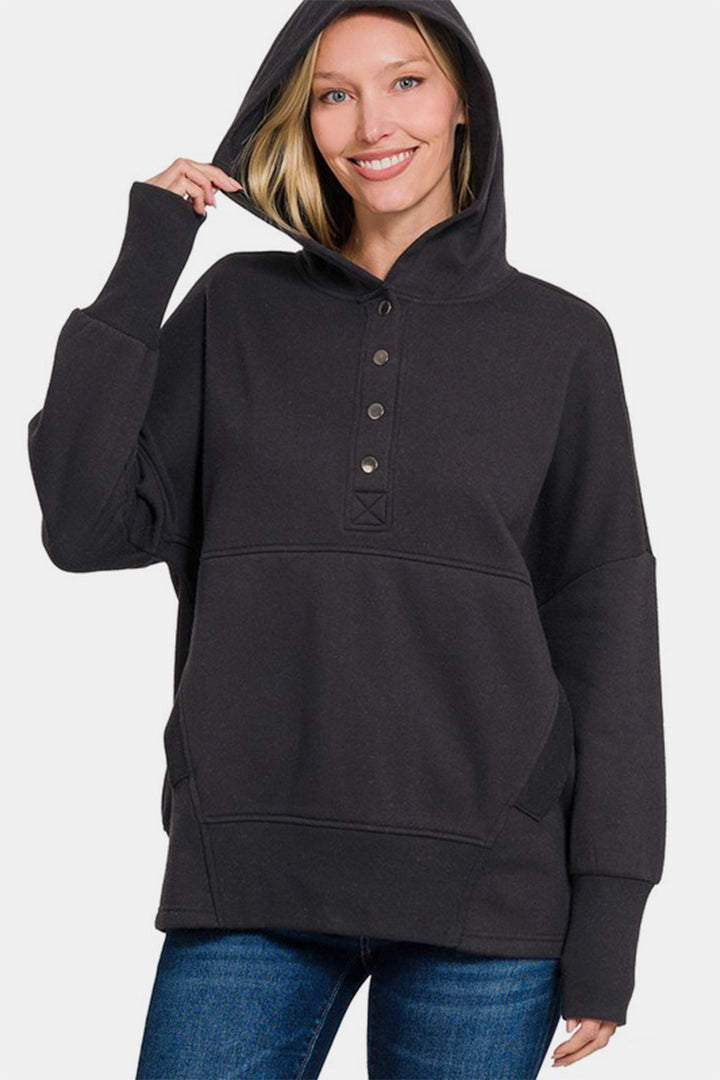 Sporty Chic Half-Snap Hoodie - Black