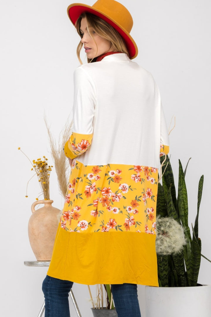 Flowy Floral Color Block Cardigan - Ivory/Mustard