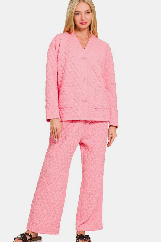 Snug & Stylish Quilted Loungewear Set - Dark Pink