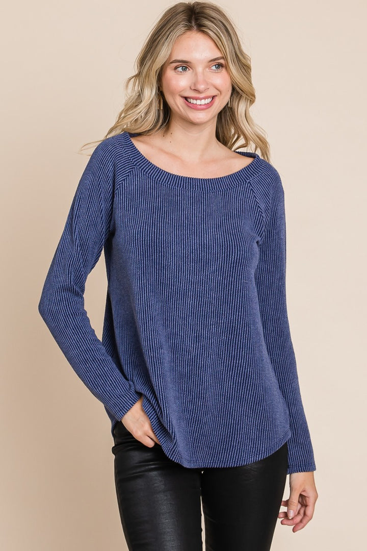 All Aboard - Ribbed Boat-Neck Top - Navy