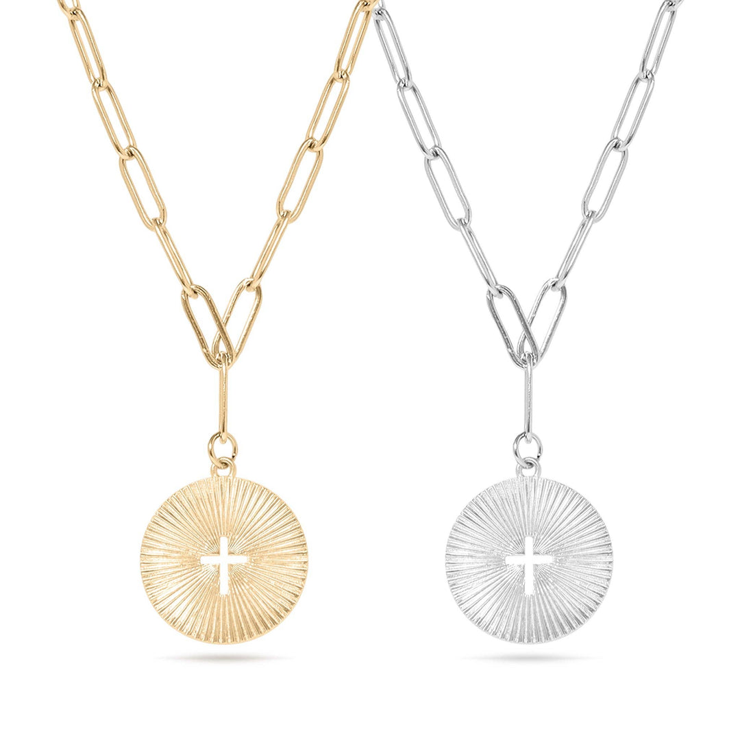 Cross Medallion Charm Stainless Steel Paperclip Necklace