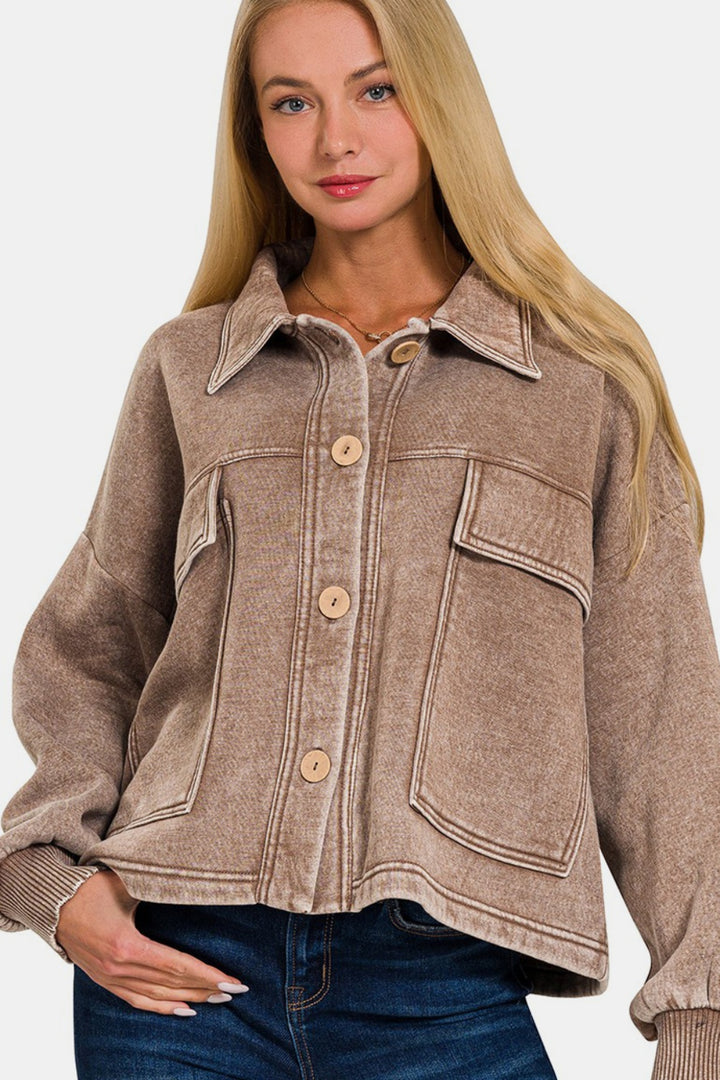 Cozy Fleece Button-Up Shacket - Mocha