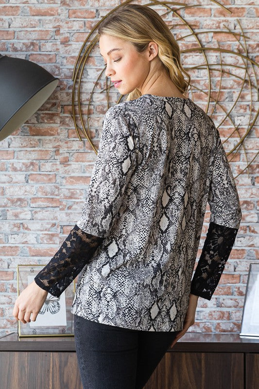 Snakeskin Print Lace Contrast Top