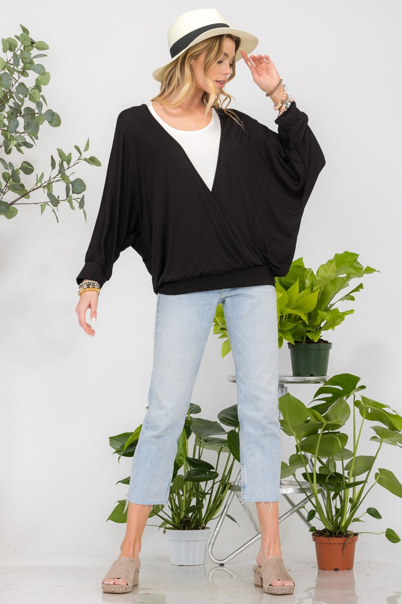 Open V-Neck Wrap Top with Two-Layer Detail