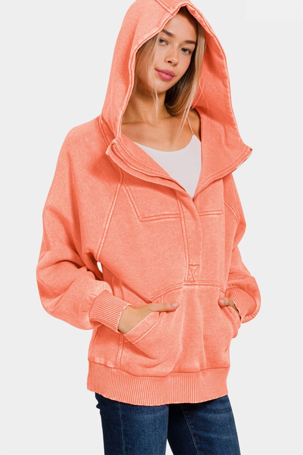 Acid-Wash Fleece Kangaroo Hoodie - Coral