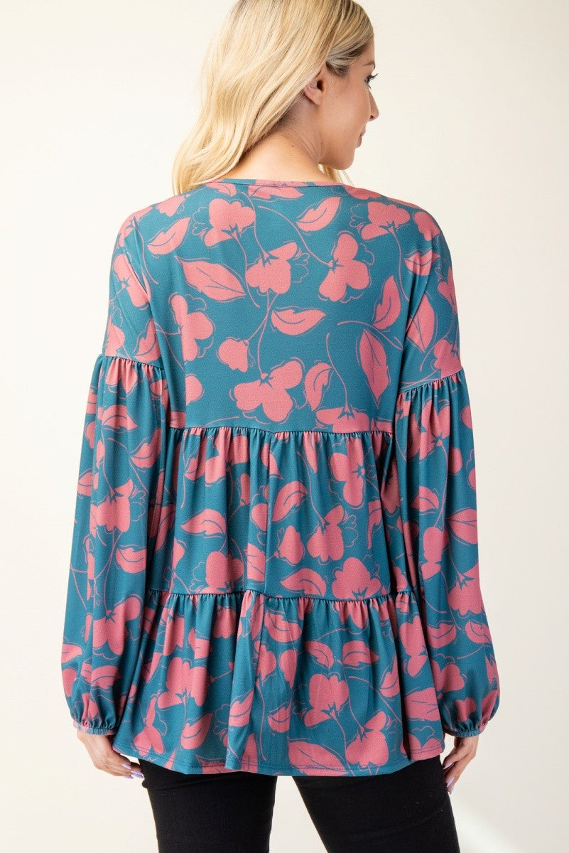 Forever Romantic - Tiered Floral Top - Teal