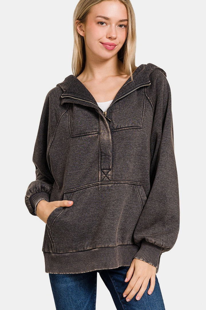 Acid-Wash Fleece Kangaroo Hoodie - Ash Black