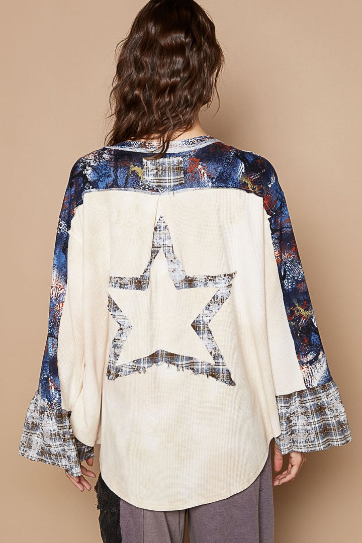 Plaid Contrast Star Patch Top