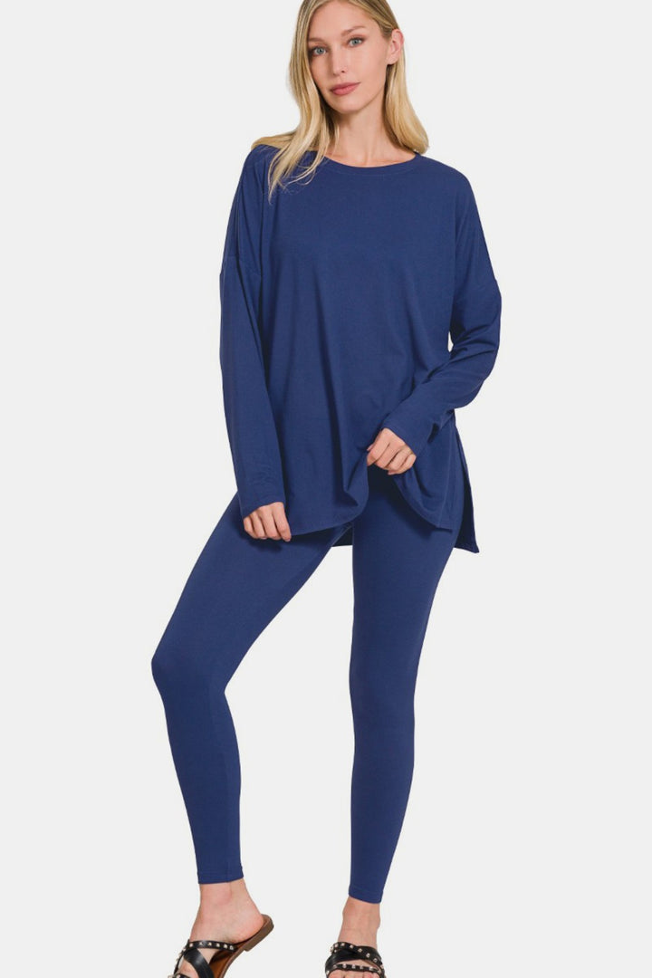 Effortless Lounging - Brushed Microfiber Top and Leggings Set - Light Navy