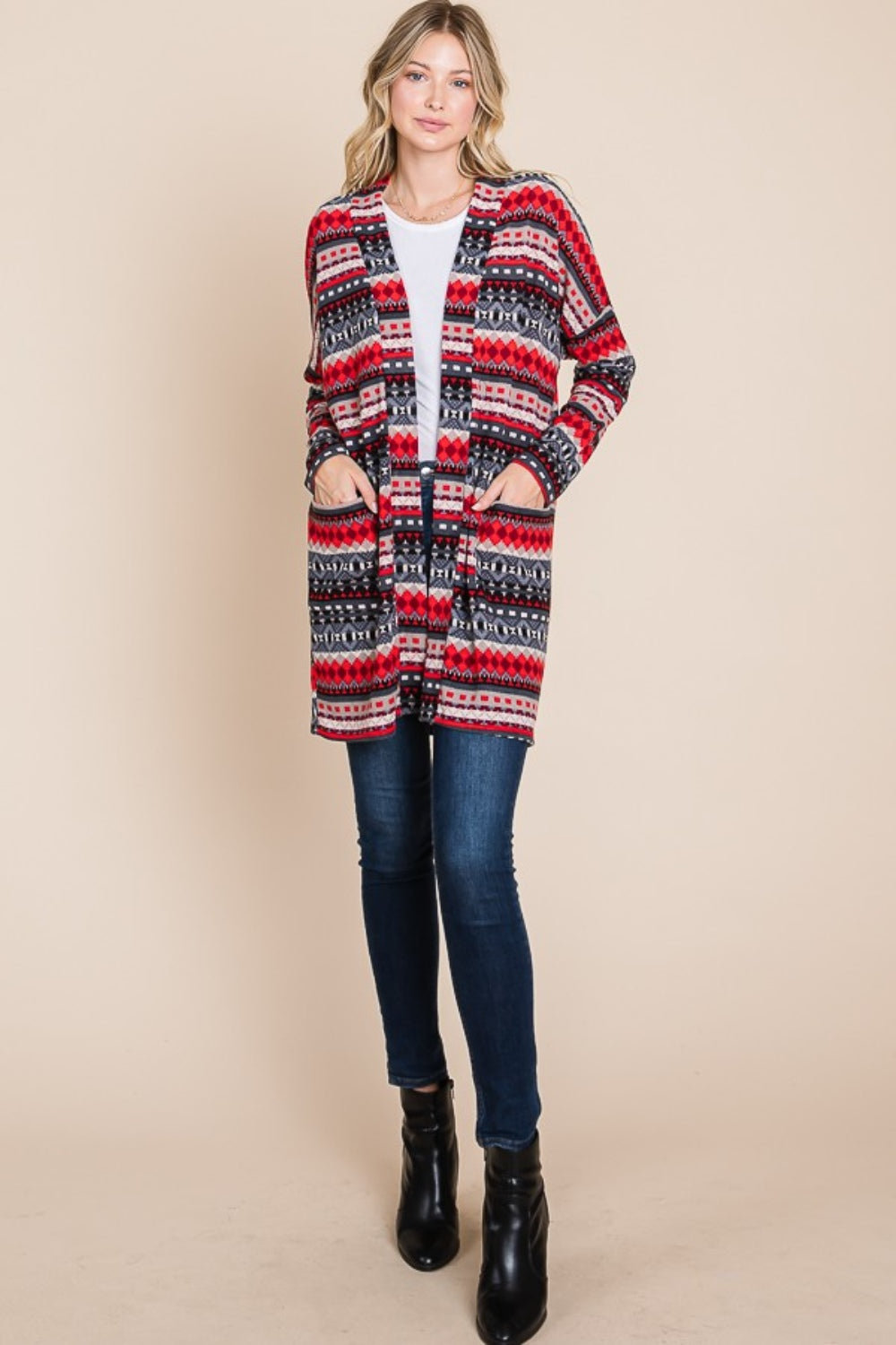 Chic Touches Geometric Cardigan - Red