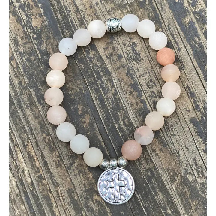 Natural Stone Cross Charm Stretchy Bracelet