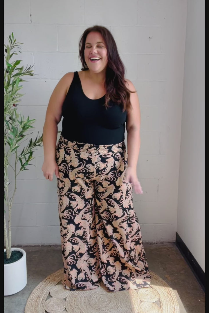 Silky Feel - Black Paisley Palazzo Pants