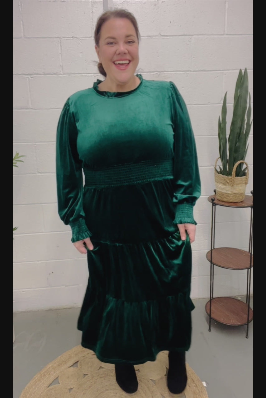 Velvet Smocked-Waist Dress - Hunter Green