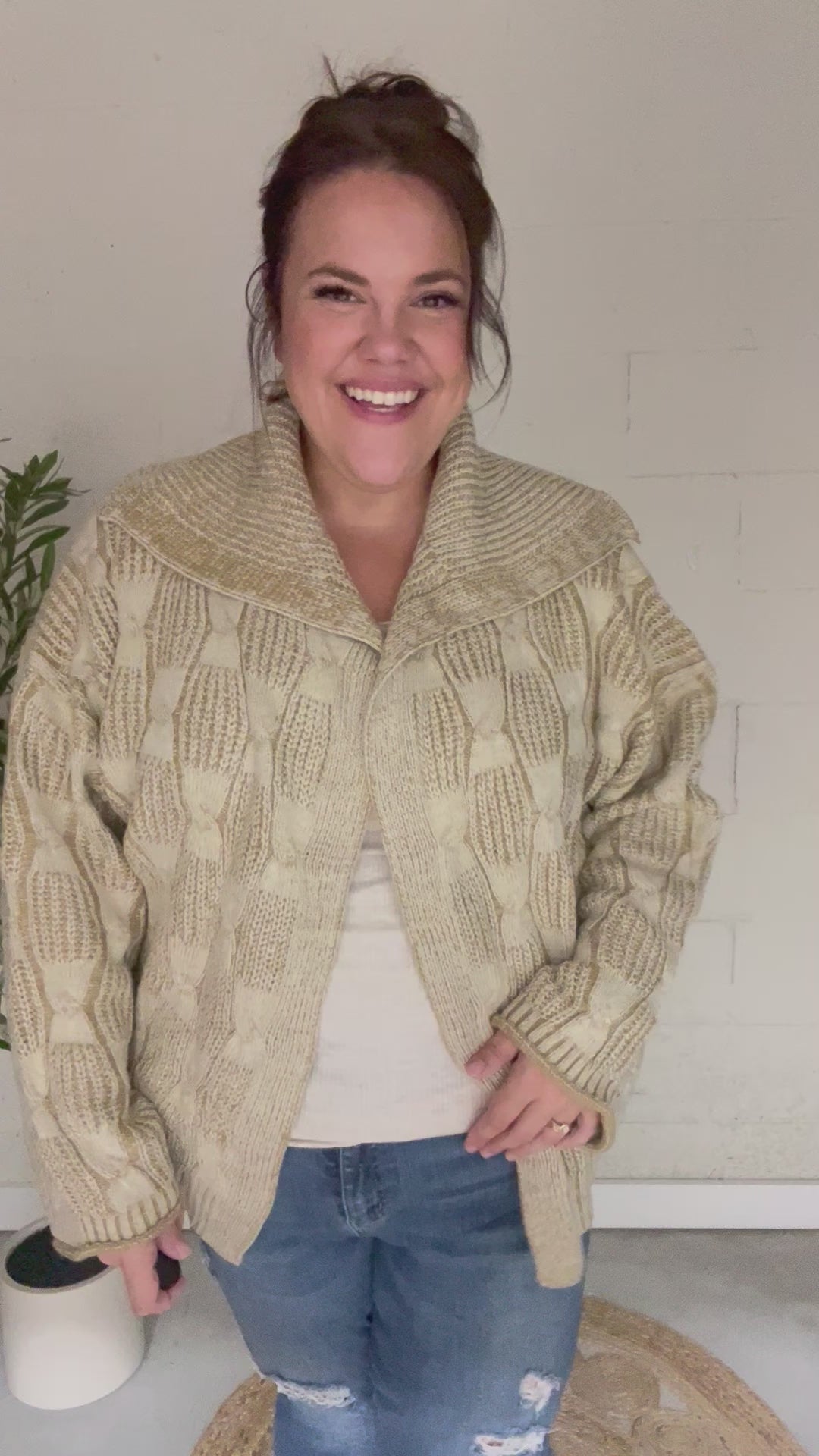 Taupe Textured Cable-Knit Collared Cardigan