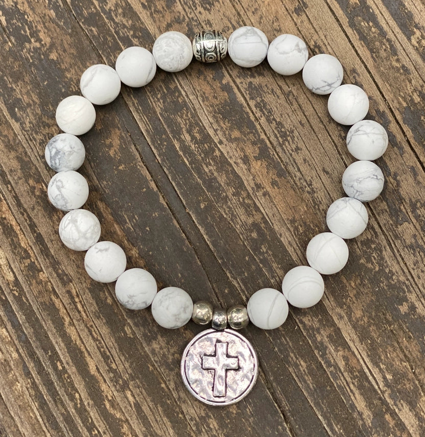 Natural Stone Cross Charm Stretchy Bracelet