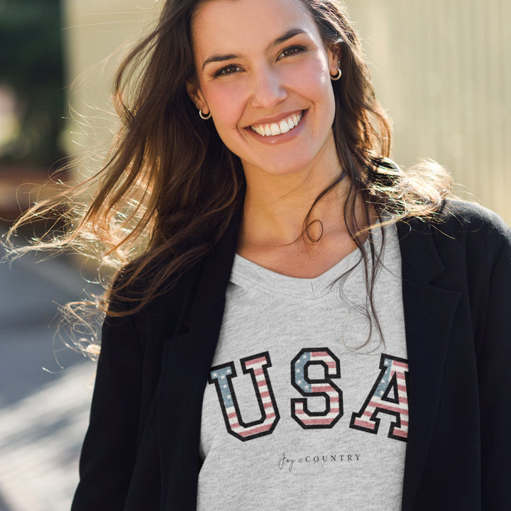 FINAL SALE - SINGLE - USA Patriotic - Unisex V-Neck Tee - Joy & Country