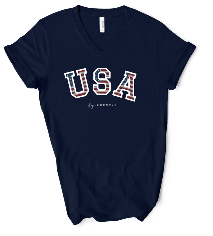 FINAL SALE - SINGLE - USA Patriotic - Unisex V-Neck Tee - Joy & Country